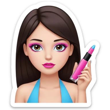 generate a pretty fair bratz girl with dark brown eyes, dark brown hair straight long. Wearing a hot pink halter neck top.  pink lipgloss. light blue eyeshadow sticker