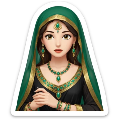 Mujer joven, morena, de gran belleza y porte misterioso.
 mirada intensa y fija; labios marcados.
 Negro, largo, suele ir cubierto parcialmente por un velo
 Ropa de inspiración árabe: túnica colorida (rojo, dorado, verde esmeralda), con detalles dorados o lentejuelas; brazaletes y pendientes. sticker