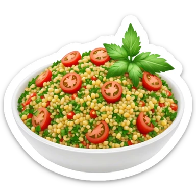 Cinematic Realistic Tabbouleh Salad Dish Emoji, showcasing a fresh herbaceous salad with bulgur, tomatoes, and parsley rendered with crisp textures and natural, vibrant lighting. sticker