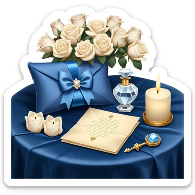 A carefully folded love letter, tied with a silky blue ribbon, sits on a velvet cushion. Beside it stands a tall crystal perfume bottle, exuding the soft scent of white roses. Pearl butterflies hover above the table, as the warm glow of candlelight reflects off the golden wax seal. sticker