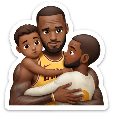 lebron james cradling a boy but he’s smaller than normal and his hands are bigger than the boy’s whole body and he’s whispering “rest now. you’re safe” sticker