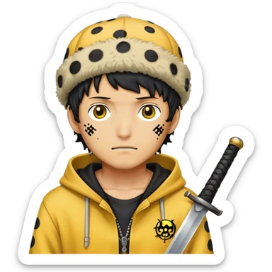 Trafalgar Law with spotted hat, yellow hoodie, nodachi sword sticker