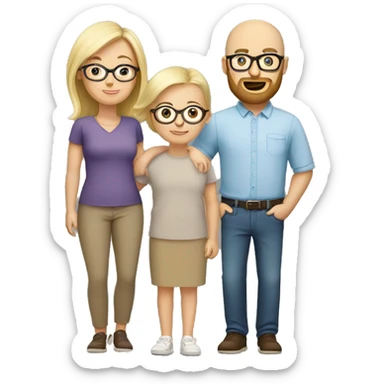 White family of four. Brown haired mom with glasses, shaved head dad with beard. Blonde older boy. Blonde baby girl.  sticker