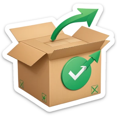 closed package box with a green checkmark and a circular arrow overlay in the upper right sticker