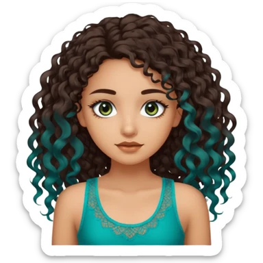 Girl with olive skin, teal eyes, dark brown  loose curly long hair, lacey tank top sticker