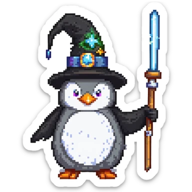 Penguin dressed as a wizard with a magical wand and pointy wizard hat sticker