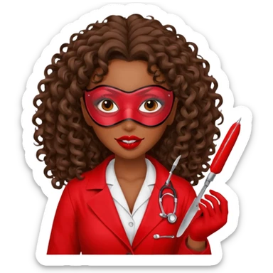 Lilith symbol seductress evil woman. She had brown long curly hair.  evil surgeon kills with scalpel wears red sexy doctor coat with red mouth mask  sticker