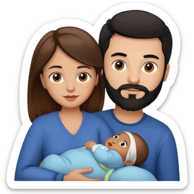 Una mujer con pelo castaño y ojos marrones  con un bebé y un hombre con pelo negro y barba sin bebe sticker