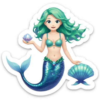 Full body of a mermaid with long flowing sea-green hair, shimmering blue-scaled tail, shell bra, holding a pearl in one hand, smiling softly, front-facing, surrounded by glowing sea particles, fantasy style sticker