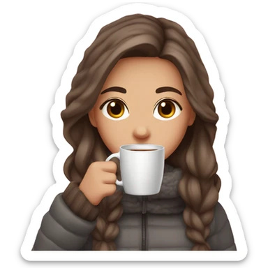 Girl with brown hair with dark gray highlights, fair skin, long beautiful hair, soft pink lips, brown eyes, drinking coffee and wearing winter clothes eting cake sticker