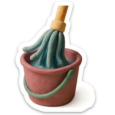 close-up of mop wringing out in a bucket, soft lighting, pastel colors, claymation style sticker