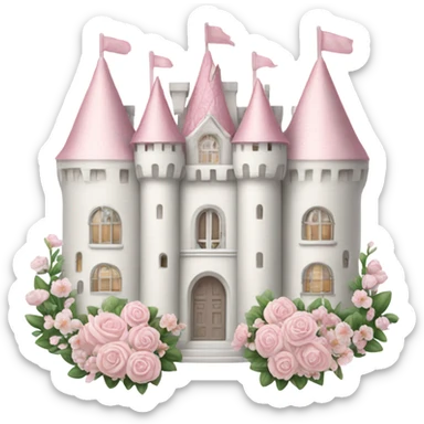 white elegant castle that is very feminie and pretty and elegant and it had baby pink accents when i say accents i mean like props like for example like baby pink flower sticker