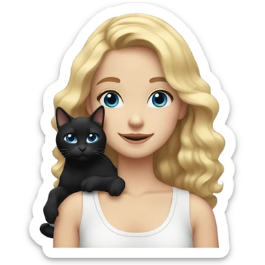 Girl with medium length blonde wavy hair dark blue eyes smiling with a black cat in her hands sticker