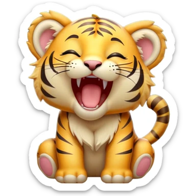 Cinematic Cute Yawning Tiger Cub Portrait Emoji, Head tilted slightly with a dramatic, wide-open yawn, showcasing a small, plush body with drowsy, half-closed eyes and an open, relaxed expression, Simplified yet irresistibly adorable features, highly detailed, glowing with a soft, cozy wild glow, high shine, relaxed yet expressive, stylized with a dash of whimsical jungle charm, soft glowing outline, capturing the essence of a drowsy yet affectionate tiger cub that appears ready to stretch out for a nap! sticker