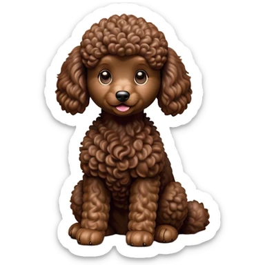 cinematic-[poodle]-realistic-full-body-sitting-emoji,-tail-resting-loosely-beside-its-paws,-head-tilted-dramatically, -curly-[chocolate]-fur,-simplified-yet-realistic-focused-features,-highly-detailed,-glowing-with-an-almost-sarcastic-glow sticker