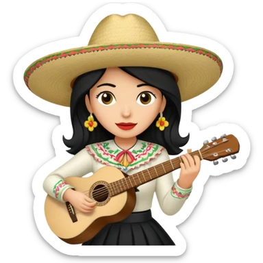 Mujer blanca con cabello negro teniendo un sombrero de mariachi sosteniendo una guitarra sticker