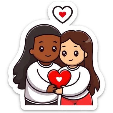 A couple embracing, man with mestizo brown skin and slightly long straight dark brown hair, woman with fair skin and long dark brown hair, with white hearts around them sticker