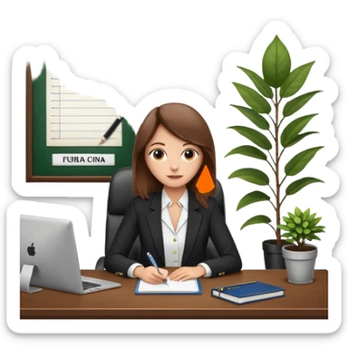 imagen de una mujer castaña en una oficina con escritorio, silla, notebook, agenda y una planta con un cartel que diga en español FUERA DE OFICINA sticker