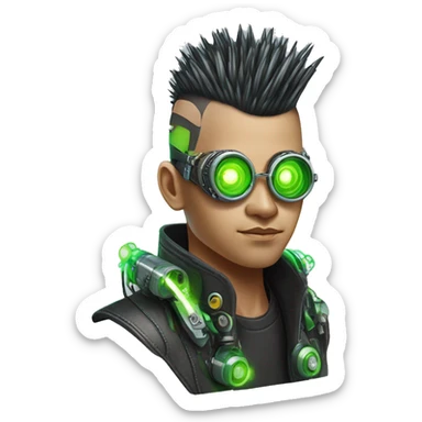 Mohawk hair with neon green highlights Asian male cyborg head with neon silver steampunk goggles and circuits sticker
