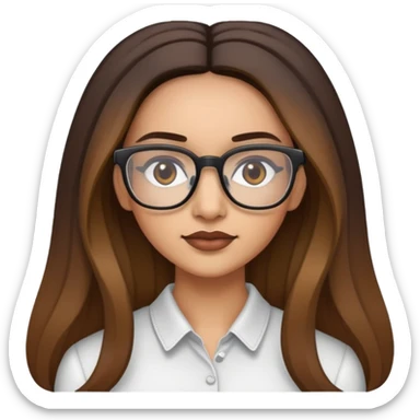 Light skinned Woman with dark roots brown  balayaged long hair and quadratic thin glasses sticker