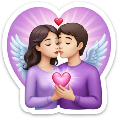White brunette man human with rays of light Heart kisses a pastel purple angel woman sticker