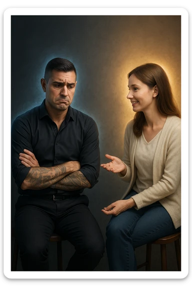 Uomo tra i 30 e i 40 anni seduto su una sedia, sguardo dubbioso, con le mani incrociate in grembo. Di fronte a lui, una donna calma e gentile gli parla e gli offre una soluzione con gesto aperto. Intorno a lei, un’aura luminosa. Intorno a lui, la sua aura maschile si affievolisce, come se stesse perdendo forza interiore. L’uomo appare indeciso, la postura è passiva. Ambientazione neutra, toni simbolici, atmosfera silenziosa. Luci fredde e calde in contrasto. Stile realistico con accenti metaforici sticker