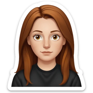 A 38 year old white woman with long brunette hair parted in the middle. She has her nose pierced. Her nose is medium sized. She has brown eyes. She has freckles and is wearing a black sweatshirt sticker