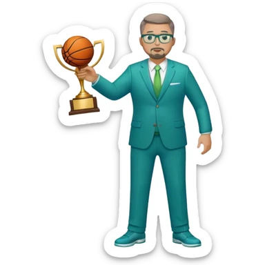 Full Body white plus size man  wearing glasses with a goatee with light brown and gray short hair basketball head Coach in blue and green suit holding trophy sticker
