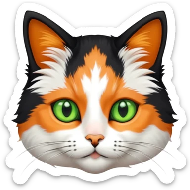 calico cat with black fur on his head, white fur around its mouth area, and a very tiny orange spot between its two green eyes sticker