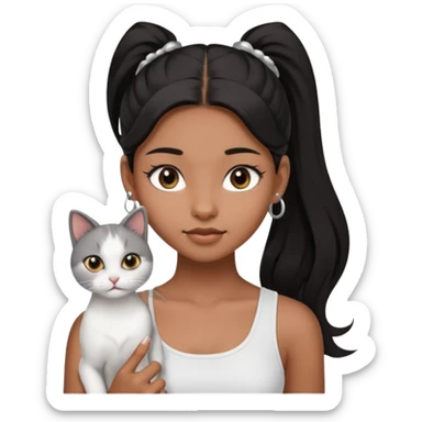 An brown skin Teenager girl with brown eyes, long black hair in one high ponytail, with a white crop top holding her grayish-white cat, and small silver earrings sticker