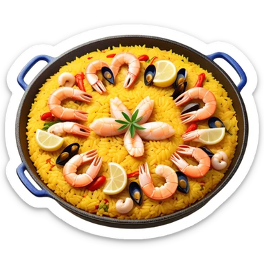 cinematic-realistic-paella-dish-emoji,-depicted-as-a-vibrant,-aromatic-rice-dish-loaded-with-seafood,-chicken,-and-saffron-rendered-with-rich-textures-and-dynamic,-warm-lighting with a lemon slice in the middle sticker