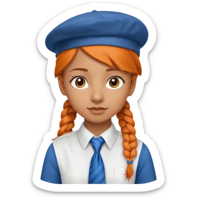 orange braided hair girl, wearing white shir, a brown berret Hat, Blue Necktie sticker
