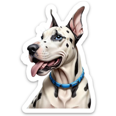 Cinematic Cute Yawning Harlequin Great Dane Portrait Emoji, Head tilted slightly with a dramatic, wide-open yawn, showcasing a smooth coat of predominantly white with bold black patches, floppy ears slightly drooping, round blue eyes barely open in drowsy contentment, Simplified yet irresistibly adorable features, highly detailed, glowing with a soft, cozy glow, high shine, relaxed yet expressive, stylized with a touch of whimsy, bright and endearing, soft glowing outline, capturing the essence of a sleepy yet affectionate guardian, so drowsy it feels like it could stretch out of the screen and curl up for a nap! sticker