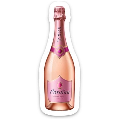 bottle of sparkling rosé champagne with a rose logo on the label, tilted up and to the left, no glass sticker