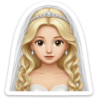pretty blonde with brown eyes, long wavy hair, white tulle wedding gown, wedding veil, and diamond jewelry, highly-detailed sticker