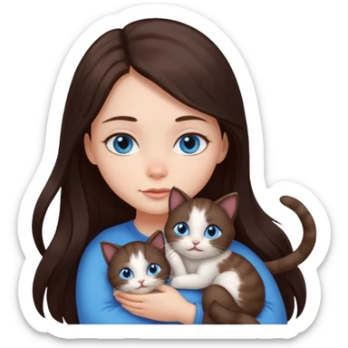 a girl with long dark 
brown hair, with blue eyes, hugs 3 different natural coloured small cats sticker