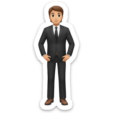 western Caucasian middle aged male, brown hair, standing wearing dark suit and shoes, with hands on hips sticker