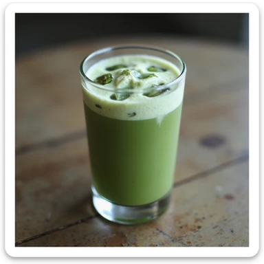realistic glass of iced matcha latte with green color and ice cubes, photorealistic style sticker