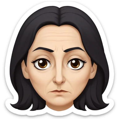 Mirri Maz Duur is a weathered, age 50 woman with deep-set dark eyes, high cheekbones, and a sharp nose, giving her a stern, knowing expression. Her long, unkempt dark hair  falls loosely over her shoulders sticker