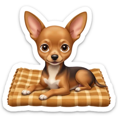 Miniature Pinscher Chihuahua mix lying on a blanket, big ears, playful look sticker