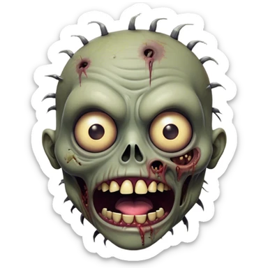 Cinematic Comical Zombie Portrait Emoji, with a grotesquely exaggerated yet playful decaying face in muted ashen tones, head cocked in a dramatically shocked expression with wildly comical, googly eyes and a gaping, silly grin revealing quirky stitches, simplified yet hilariously expressive, highly detailed with a soft eerie glowing outline capturing the absurd humor of a zombie in comic disbelief! sticker