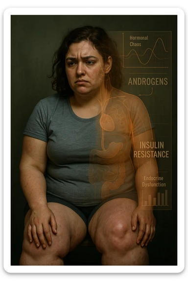 cinematic realistic Woman with PCOS struggling with hormonal chaos, transparent overlay showing elevated androgens and insulin resistance affecting her body, lipedema causing disproportionate fat accumulation in legs and arms despite normal torso, expression of frustration with unexplained weight gain, medical charts showing complex endocrine dysfunction, painful swollen limbs contrasting with metabolic confusion scrivi i testi in italiano sticker