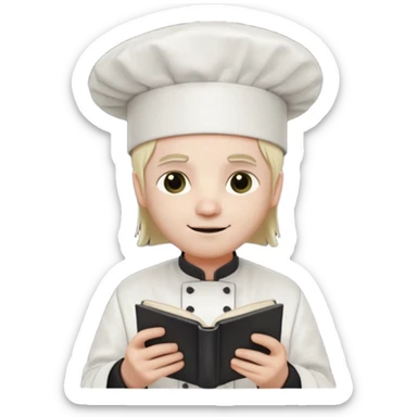 ["A happy man with pale skin, straight hair, wearing a chef hat and no glasses, dressed in goth fashion, is reading a book while holding a camera."] sticker