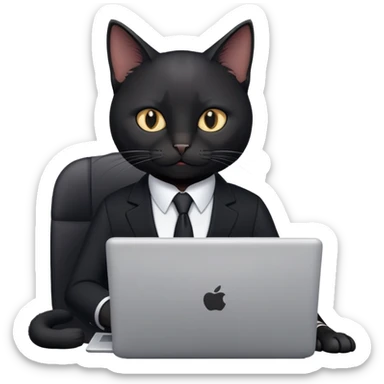Black cat in a black business suit in an office with laptop sticker