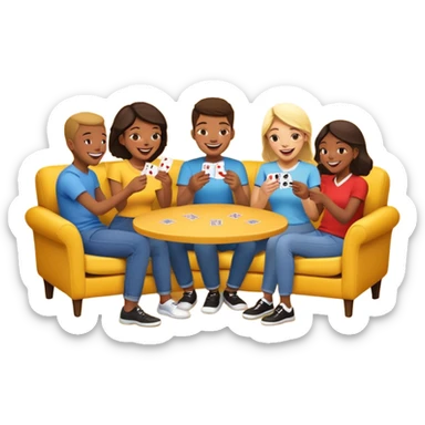 group of friends on couch playing a card game couch should be deep yellow color sticker
