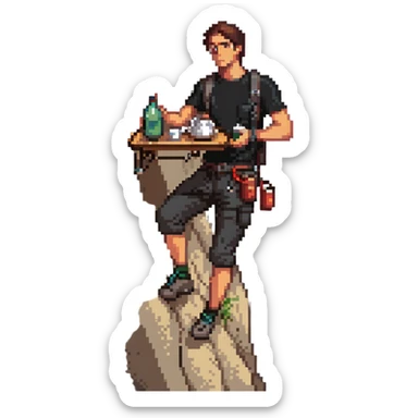 A guy rock climbing on a steep cliff in a black t-shirt with a waiter's tray in his hand sticker