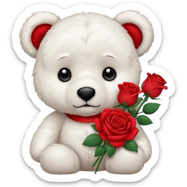 Cute white teddy bear with sad puppy dog eyes holding roses  sticker