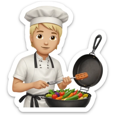 man with tied blond hair and and a white apron grilling vegetables on a sizzling grill sticker