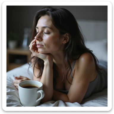 hyperrealistic 4K image of a woman with PCOS, eyes closed, face with acne and chin hair, thinning hair, slouched posture sitting on a bed, half-full coffee cup on the bedside table, home environment sticker
