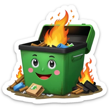 Bright green happy dumpster with an open black lid and a large fire burning only inside it. there is litter and trash on the ground around it not burning sticker